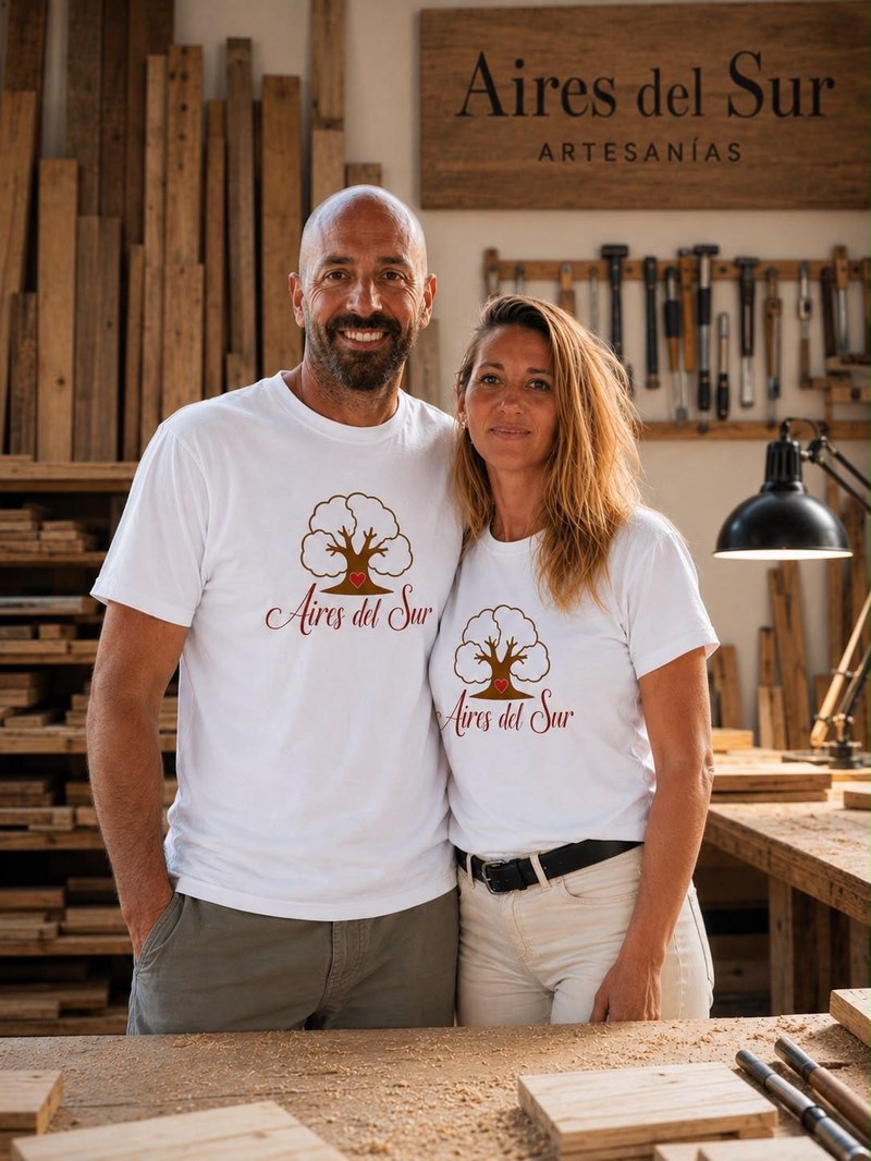 Noelia y Carlos, creadores de Aires del Sur Artesanías, en su taller de Mallorca